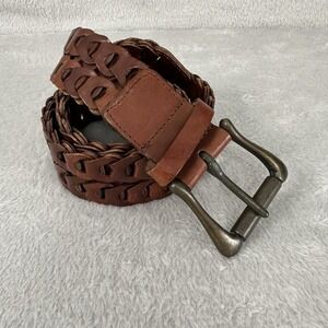 Vintage Braided Genuine Leather Belt Brass Buckle Brown Boho Women's M/L